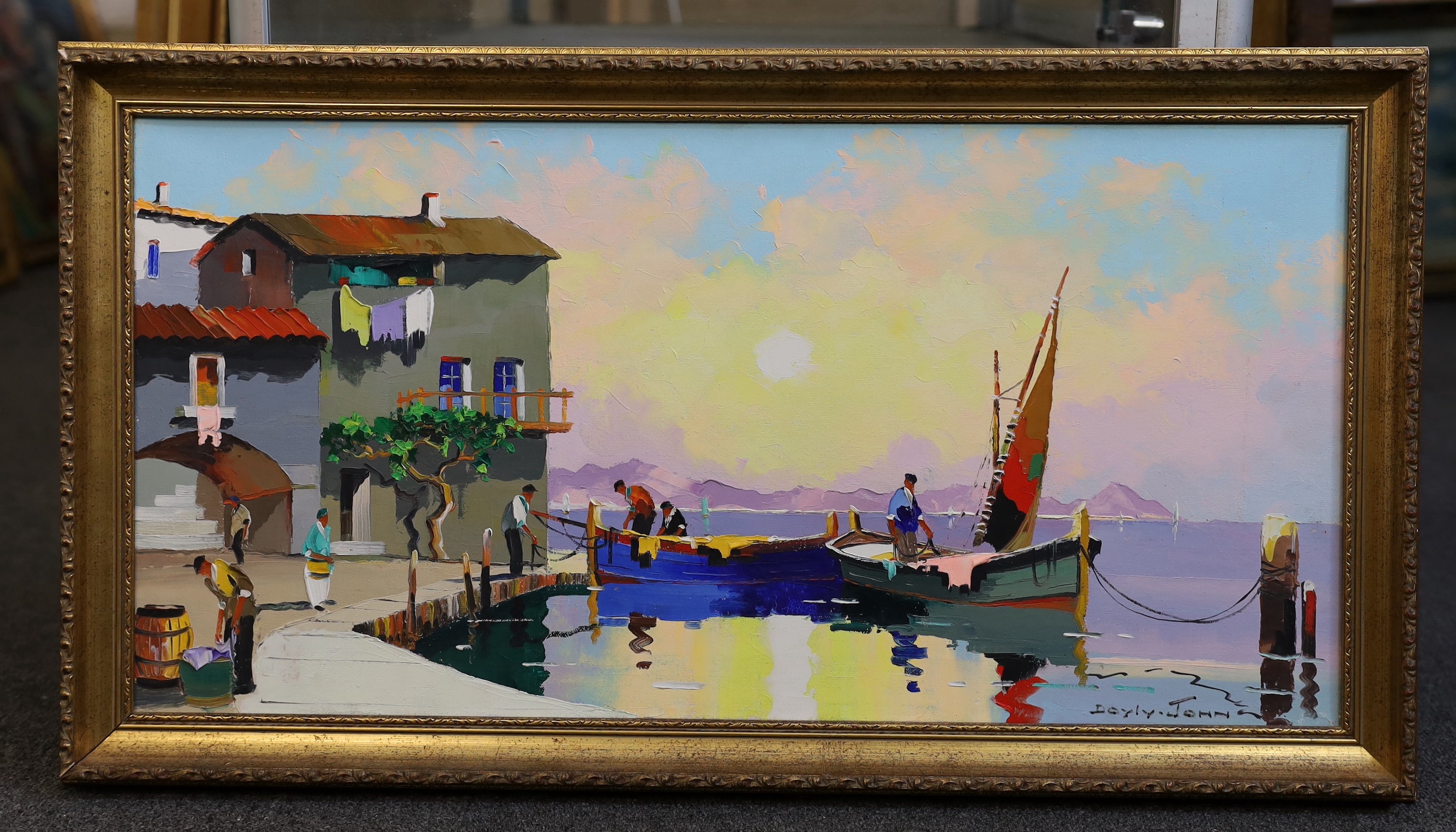 Cecil Rochfort D'Oyly-John (British, 1906-1993), 'Fishing boats in the South of France', oil on canvas, 35 x 71cm